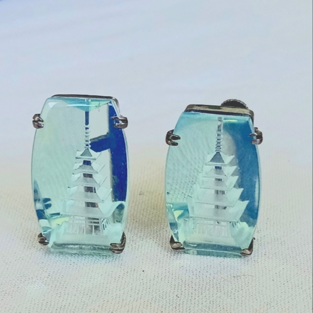 Blue clear glass signed screwback vintage mid century earrings Tokyo landscape